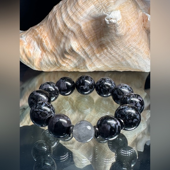 INDIGO GABBRO + GREY RUTILATED QUARTZ   STONES NATURAL BRACELET 7 - Picture 5 of 15